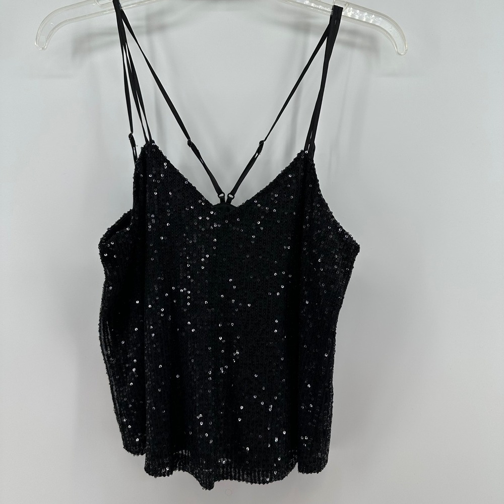 Spring + Mercer Black Sequin Camisole Top‎ XS NWT Adjustable Double Straps Party